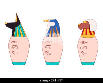 Kanopische Jar ägyptische Götter Gott Anubis Horus Khnum Zeichen Symbol Mumifizierung Ritual altes Ägypten Mythologie glaube Design Illustration Stock Vektor
