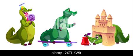 Niedliches, lustiges grünes Alligator-Zeichentrickmaskottchen. Großer Comic-freundlicher Krokodil-Charakter isst Karamellbonbons auf einem Stock in Hut mit Propeller, geht auf Skateboard, baut Sandburg mit Plastikeimer. Stock Vektor