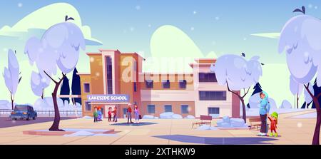 Die Leute im Winterschulhof. Vektor-Cartoon-Illustration von traurigen und glücklichen Kindern und Müttern, die in der Nähe des Gebäudes der Bildungseinrichtung stehen, geparktes Auto, schneebedeckte Bänke, Bäume und Büsche auf der Stadtstraße Stock Vektor