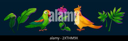Bunte Papageien, tropische Blätter und Blumen. Zeichentrickvektor-Illustration Set von niedlichen Dschungel gelben und grünen Vögeln und Pflanzen. Exotische Kindertiere für botanisches Sommerdesign. Stock Vektor