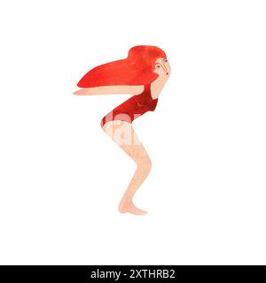 Eine Athletin, eine Frau im roten Badeanzug und mit langen roten Haaren, springt ins Wasser. Aquarellillustration isoliert für die Gestaltung von Diplomen Stockfoto