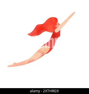 Eine Athletin, eine Frau in rotem Badeanzug und langen roten Haaren, schwimmt. Aquarellillustration isoliert für die Gestaltung von Diplomen und Sport Stockfoto