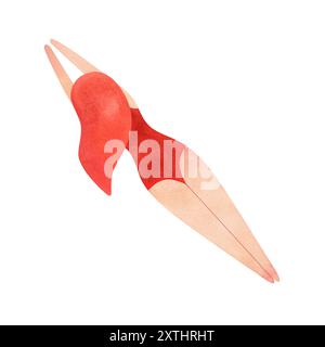 Eine Athletin, eine Frau in rotem Badeanzug und langen roten Haaren, schwimmt. Aquarellillustration isoliert für die Gestaltung von Diplomen und Sport Stockfoto