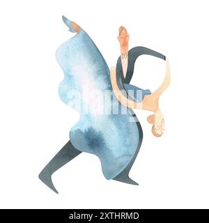 Ein paar tanzende englische Walzer oder Foxtrott. Sport Ballsaal Tanz, St. Isolierte Aquarellillustration. Stockfoto