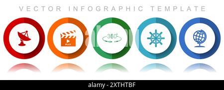 Sammlung von Symbolen für Kommunikationsvektoren, verschiedene Symbole wie Satellitenantenne, Kino, 360 Grad, Schiffsrad und Globus, Infografik in flachem Design Stock Vektor