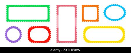 Rahmenrahmen mit Muschelrand rechteckig, oval, runde Vektorform. Set mit Wellenmuscheln und schnörkellosem, einfaches rechteckigem Rahmen. Einfacher, wellenförmiger Retro-Bilderrahmen. Vektorabbildung Stock Vektor