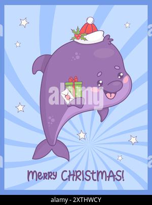 Weihnachtsdelfin mit Weihnachtsmütze und Geschenken mit stechpalme. Vertikales Weihnachtsposter mit festlichem Unterwasser-Zeichentricktier. Vektorabbildung Stock Vektor