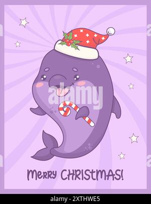 Weihnachtlicher Delfin mit Weihnachtsmütze mit gestreiftem Karamell. Vertikale Weihnachtskarte mit festlichem Unterwasser-lustigem Zeichentricktier. Vektorabbildung. Stock Vektor