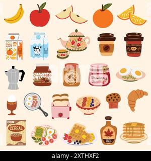 Lieblingsgerichte zum Frühstück. Avocadotoasts, Speck und Eier, Banane, Müsli und Cornflakes, Kaffee, Croissants, Milch, Pfannkuchen und mehr. Handgezeichnete Vektorabbildungen. Stock Vektor