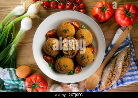 Spanische Tapa-Kroketten mit Bechamelsoße, gefüllt mit Tintenfisch und Kartoffeln. Tabelle mit Draufsicht Stockfoto