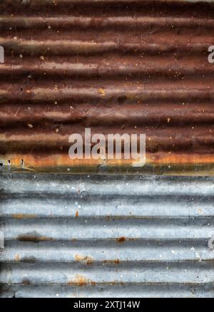 Nahaufnahme einer rostigen und verwitterten Baustellenwand aus Wellblech, von vorne gesehen. Abstrakter strukturierter Rosthintergrund. Stockfoto