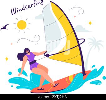 Vektor-Illustration des Windsurfens mit einer Person, die auf einem Segelboot steht, das Segel hält, in einem extremen Wassersport im flachen Zeichentrickhintergrund Stock Vektor