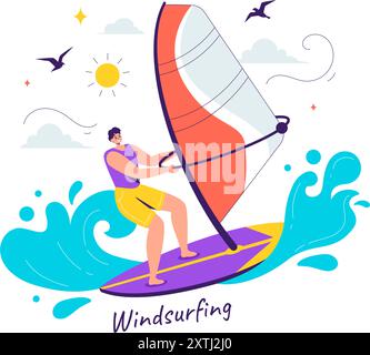 Vektor-Illustration des Windsurfens mit einer Person, die auf einem Segelboot steht, das Segel hält, in einem extremen Wassersport im flachen Zeichentrickhintergrund Stock Vektor