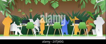 Büroarbeitsplatz mit Personen Silhouetten tropische Pflanzen, moderne Schreibtische und Stühle, leuchtende Farben, Papierschnitt Stock Vektor