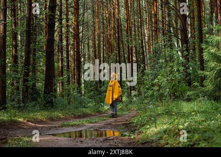 Eine Frau mit gelbem Regenmantel steht auf einem Waldweg umgeben von hohen Bäumen und genießt die Natur während einer Wanderung. Stockfoto