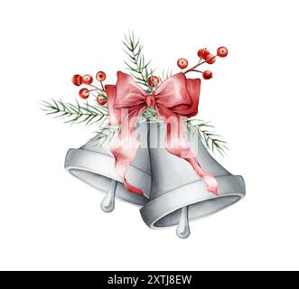 Aquarellillustration helle Silberfarben zwei Glocken mit Bogen und Tanne. Handgezeichnete Silvesterillustrationen auf isoliertem Hintergrund. Weihnachtsglocke Stockfoto