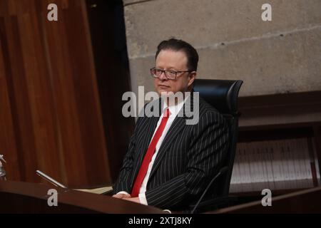 Mexiko-Stadt, Mexiko. August 2024. Richter Felipe de la Mata Pizaña während der öffentlichen Sitzung des Wahlgerichtshofs der Justizabteilung der Föderation (TEPJF) in der Sitzung wurden die Validierung der mexikanischen Präsidentschaftswahlen 2024 und die endgültige Auszählung der Stimmen erörtert. Am 14. August 2024 in Mexiko-Stadt. (Foto: Ian Robles/ Credit: Eyepix Group/Alamy Live News Stockfoto