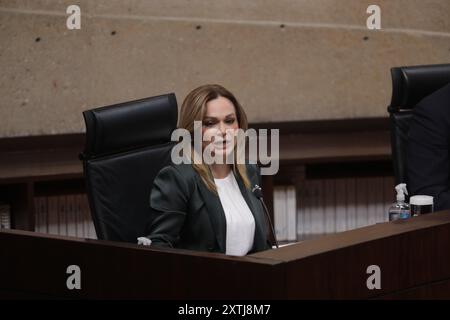 Mexiko-Stadt, Mexiko. August 2024. Richterin Claudia Valle Aguilasocho spricht während der öffentlichen Sitzung des Wahlgerichtshofs der Judicial Branch of the Federation (TEPJF) in der Sitzung wurden die Validierung der mexikanischen Präsidentschaftswahlen 2024 und die endgültige Auszählung der Stimmen erörtert. Am 14. August 2024 in Mexiko-Stadt. (Foto: Ian Robles/ Credit: Eyepix Group/Alamy Live News Stockfoto