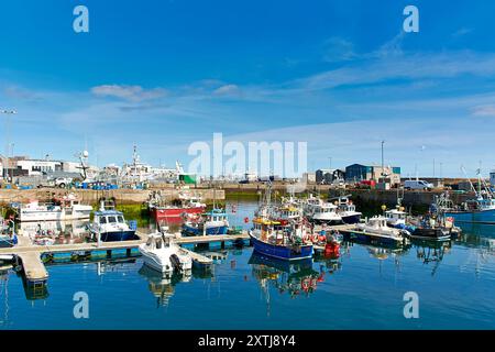 Fraserburgh Harbour Aberdeenshire, Schottland, blauer Sommerhimmel über gemouften kleinen Fischerbooten Stockfoto