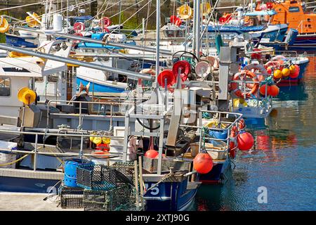 Fraserburgh Harbour Aberdeenshire Schottland farbenfrohe Ausrüstung und Schwimmer der moorierten kleinen Fischerboote Stockfoto