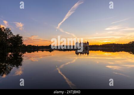 Barockschloss Moritzburg das auch als Filmkulisse bekannte Wasserschloss, liegt mitten in einem See und ist ein beliebtes Ausflugsziel. Ein Schwanenpaar hat am Seeufer sein Nest errichtet. Moritzburg Sachsen Deutschland *** Barockschloss Moritzburg das Wasserschloss, auch Filmset genannt, liegt mitten in einem See und ist ein beliebtes Ausflugsziel Ein Schwänenpaar haben ihr Nest am Seeufer Moritzburg Sachsen Deutschland gebaut Stockfoto