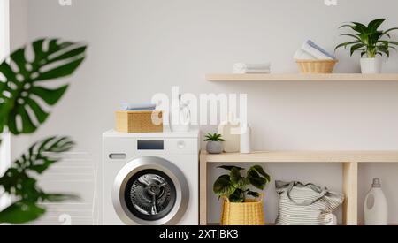 Moderner Waschraum mit Waschmaschine, Regalen und Zimmerpflanzen in einem hellen, minimalistischen Innenraum Stockfoto