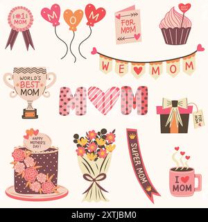 Set mit Elementen zum Muttertag. Weltbeste Mutter-Trophäe, Nummer 1 Mutter-Preis, Ballons, Grußkarte, feierliche Torte, Blumenstrauß. Stock Vektor