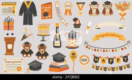 Set mit Elementen für den Schulabschluss. Glückwunschnachrichten, Grußkarte, Kuchen, Champagner, Abschlussfeier Teddybär, Graduierung Eule. Stock Vektor