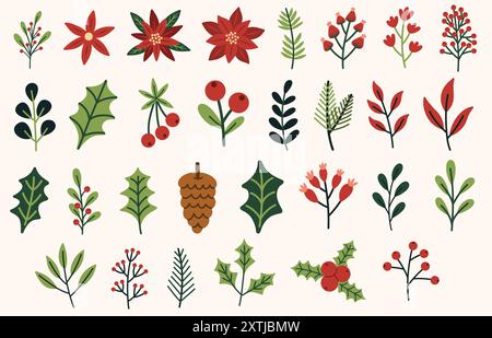 Set mit Weihnachtsfloralen und Laubelementen. Stechpalme, Winterbeeren, Eukalyptus, Kiefernzapfen, Mistel, weihnachtsstern. Handgezeichnete Vektorabbildungen. Stock Vektor