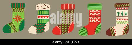 Set mit Elementen für Weihnachtsstrümpfe. Kuschelige und kitschige Designs. Handgezeichnete Vektorabbildungen. Stock Vektor