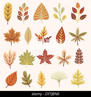 Herbstlaub und Herbstlaub Illustrationsset. Handgezeichnete Vektorabbildungen. Stock Vektor