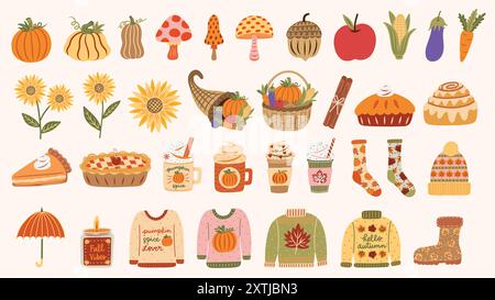 Herbsternte und Herbstlieblingselemente Set. Thanksgiving-Korb und Kornukopie. Kürbis-Gewürzlatte, Zimtrolle, gemütliche Pullover und Socken. Stock Vektor