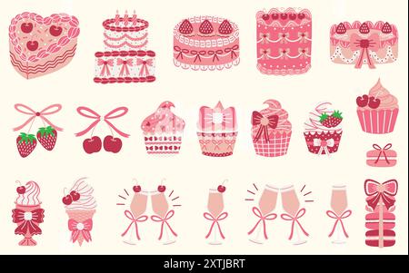 Illustrationsset für Desserts und Getränke im Coquette-Stil. Vintage-Kuchen, Cupcakes, Kirschen, Erdbeeren, Macarons, Milchshake, Eis und mehr. Stock Vektor