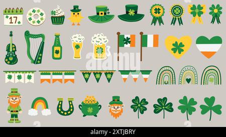St. Patrick's Day Elemente-Set. Banner, Kleeblätter, Irland, irische Flaggen, Leprechaun, hufeisen, Glückstag, Topf mit Goldmünzen, Regenbogen und mehr. Stock Vektor