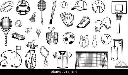 Sportausrüstung und Zubehör umreißen lineares Illustrationsset. Für Badminton, Baseball, Basketball, Bowling, Fußball, Golf, Fußball und mehr. Stock Vektor