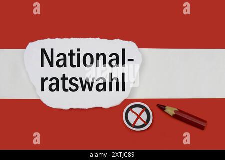 Nationalratswahl in Österreich, 15.08.2024, Borkwalde, Brandenburg, auf der Fahne von Österreich liegt der Schriftzug Nationalratswahl mit Rotstift und Wahlkreuz. *** Nationalratswahl in Österreich Nationalratswahl in Österreich, 15 08 2024, Borkwalde, Brandenburg, auf der Flagge Österreichs steht die Schrift Nationalratswahl mit rotem Bleistift und Wahlkreuz Stockfoto