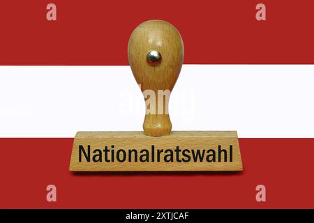 Nationalratswahl in Österreich, 15.08.2024, Borkwalde, Brandenburg, auf der Fahne von Österreich befindet sich ein Stempel mit dem Schriftzug Nationalratswahl. *** Nationalratswahl in Österreich Nationalratswahl in Österreich, 15 08 2024, Borkwalde, Brandenburg, auf der Flagge Österreichs steht ein Stempel mit den Worten Nationalratswahl Stockfoto