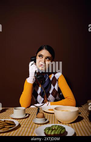 Eine Frau in trendiger Kleidung sitzt beim Frühstück und spricht über ein Retro-Telefon. Stockfoto