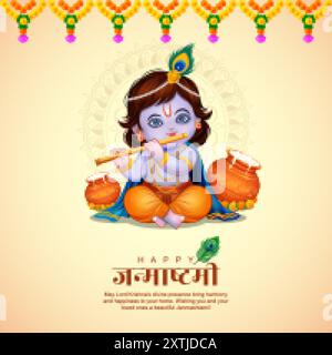 Illustration von Lord Bal Krishna in religiösem Festival Hintergrund von Indien mit Text in Hindi bedeutet Shri Krishan Janmashtami Stock Vektor