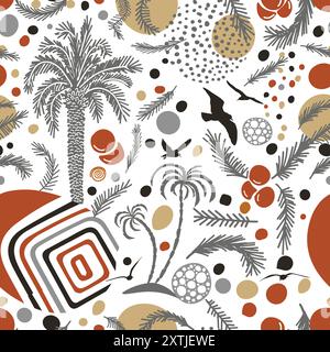 Palmen nahtloser Hintergrund und Möwen. Handzeichnung. Nicht AI, Vektorillustration Stock Vektor