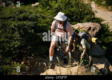 Ein junges schwules Paar wandert gemeinsam durch eine wunderschöne Sommerlandschaft, genießt die Natur und die Gesellschaft der anderen. Stockfoto