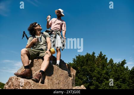 Ein junges schwules Paar macht an einem sonnigen Sommertag eine schöne Wanderung und genießt die Aussicht von einem Felsvorsprung. Stockfoto