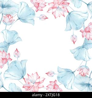 Lotusblumen und -Blätter Kranz isoliert auf weißem Hintergrund. Runder Rahmen, handgezeichnet mit Aquarell. Für die Gestaltung von Postkarten, Etiketten und Einladungen Stockfoto