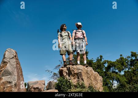 Zwei junge Männer, ein schwules Paar, stehen Hand in Hand auf einer Felsformation auf einer Bergwanderung im Sommer. Stockfoto