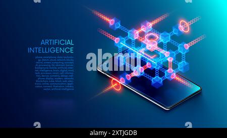 Telefon mit Abstraktionsdatenblöcken über dem Bildschirm. Neuronales Netzwerk oder Cloud-Computing-Konzept auf Smartphones. KI-Verarbeitung von Daten am Telefon. Smar Stock Vektor