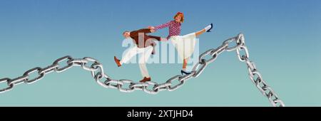 Stilvoller junger Mann, eine Frau, ein Paar, das fröhlich auf der Kette tanzt, symbolisiert die Kraft der Einheit. Zeitgenössische Kunstcollage. Stockfoto