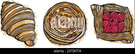 Ein Set süßer Backwaren. Croissant, Rosinenbrötchen, Himbeerpuff. Handgezeichnete Illustrationen im Skizzenstil für das Design von Lebensmittelverpackungen. Menüdesign Stock Vektor