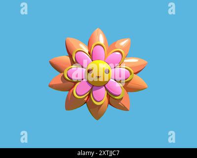 3D-Cartoon Sonnenblume und Blume im realistischen lustigen Stil. Niedliches Kunstelement. Modernes Tongestaltungsobjekt. Süße bunte Illustration auf minimalem Hintergrund Stock Vektor