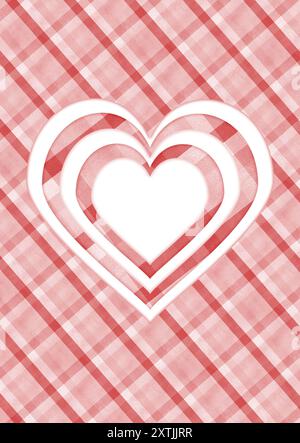 Fertige Postkarte im Papierschnitt-Design. Weiße Herzen auf kariertem Muster mit Aquarellstruktur. Rot und weiß. Handgezeichnetes Aquarell Stockfoto