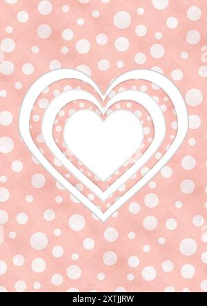 Weiße Herzen auf rosa und weißen Polka Dots Muster mit handgemalter Aquarellstruktur. Fertige Postkarte im Papierschnitt-Design. Babydusche, 2 Stockfoto
